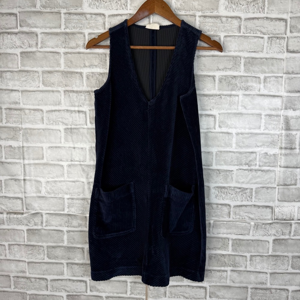 Marine Layer Solid Navy Blue Corduroy V-Neck Jumper Dress with Pockets Small